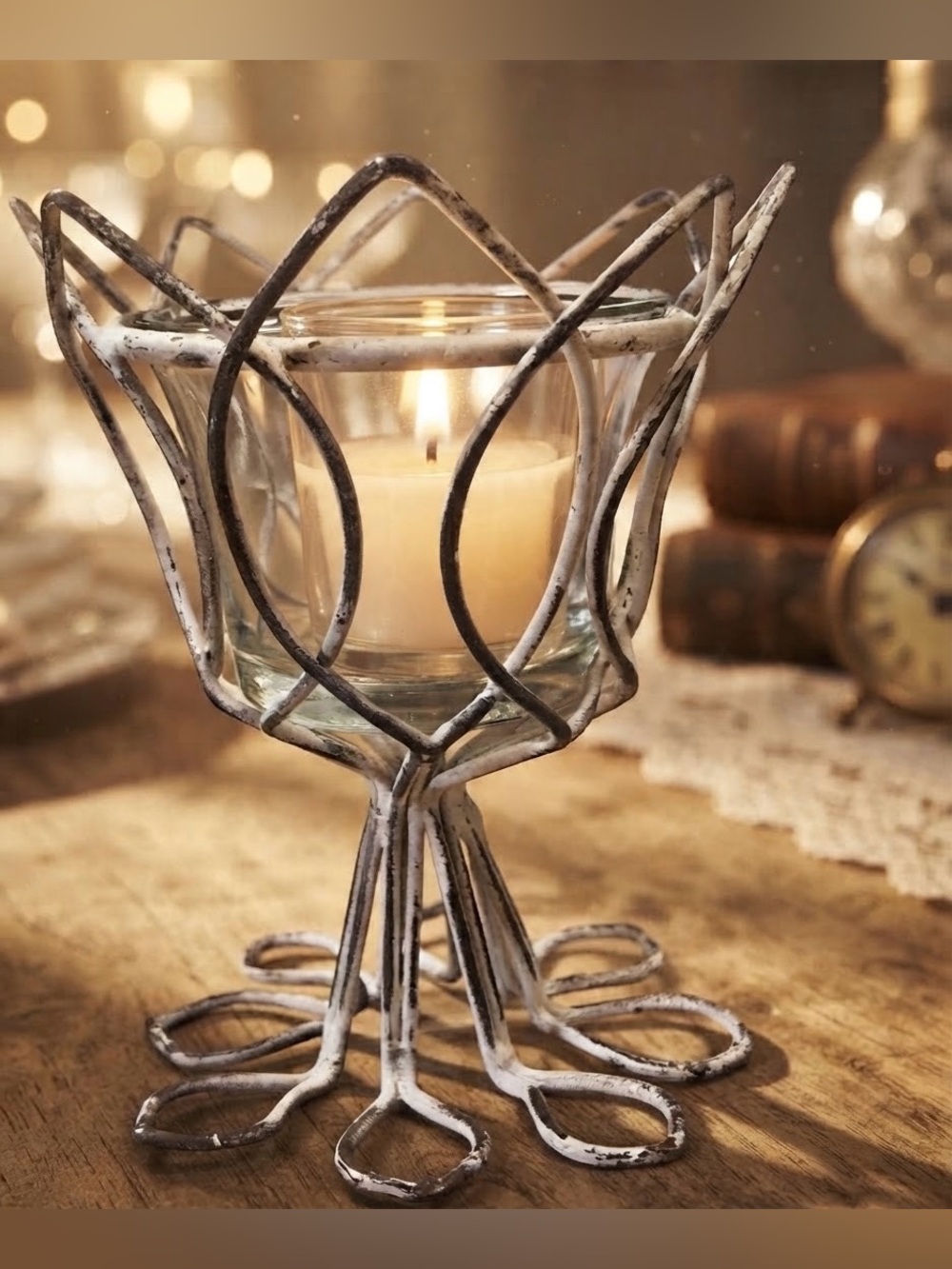 Distressed White Metal Floral Votive Candle Holder